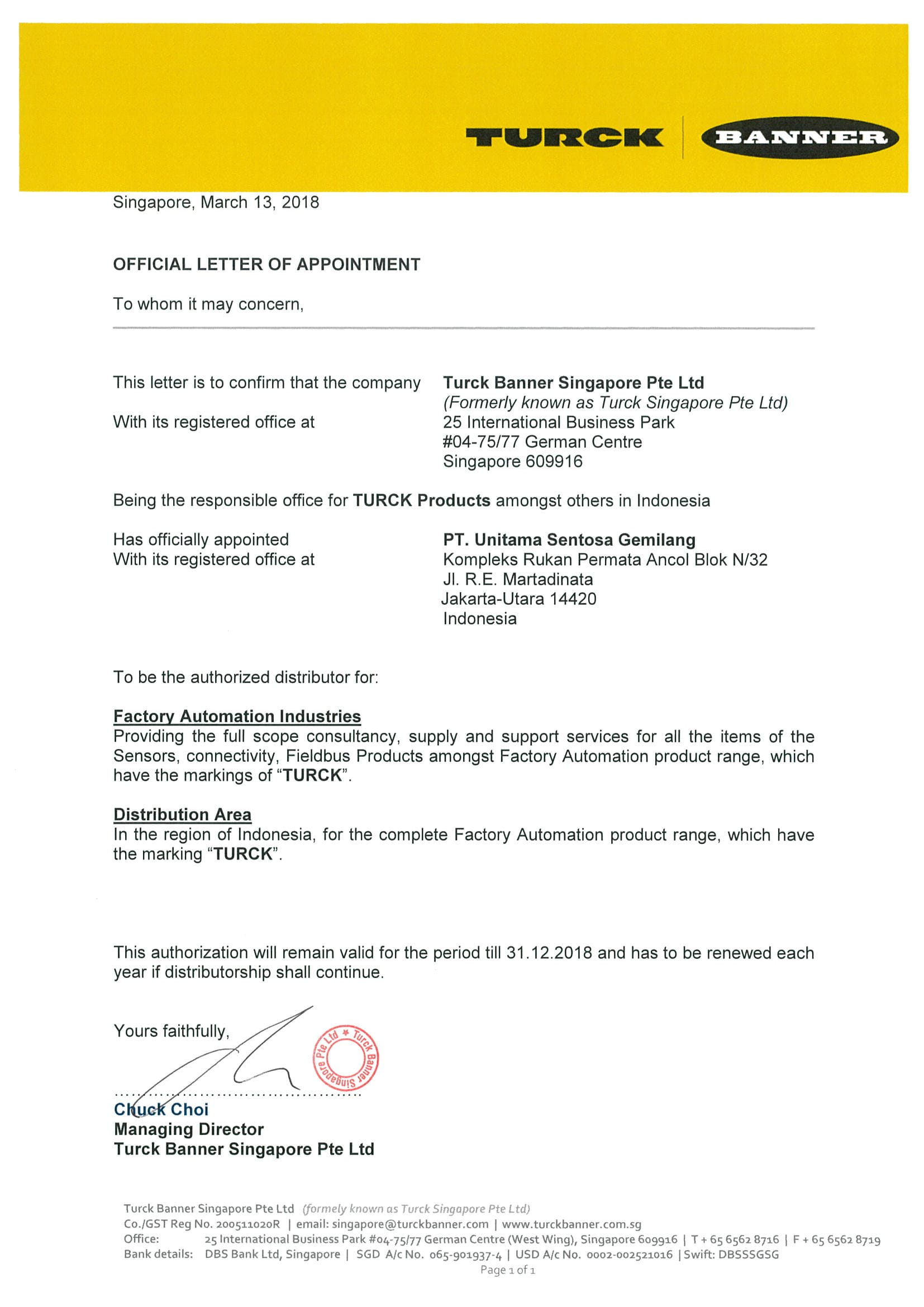 Turck Distributor Certificate