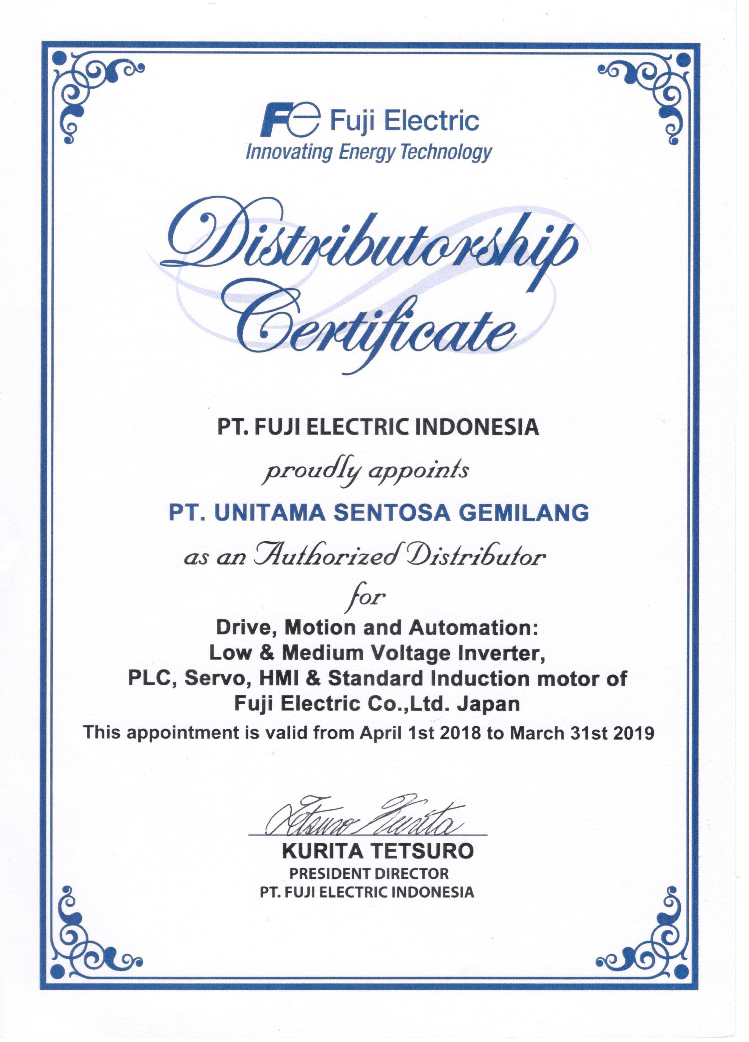 Fuji Electric Distributor Certificate