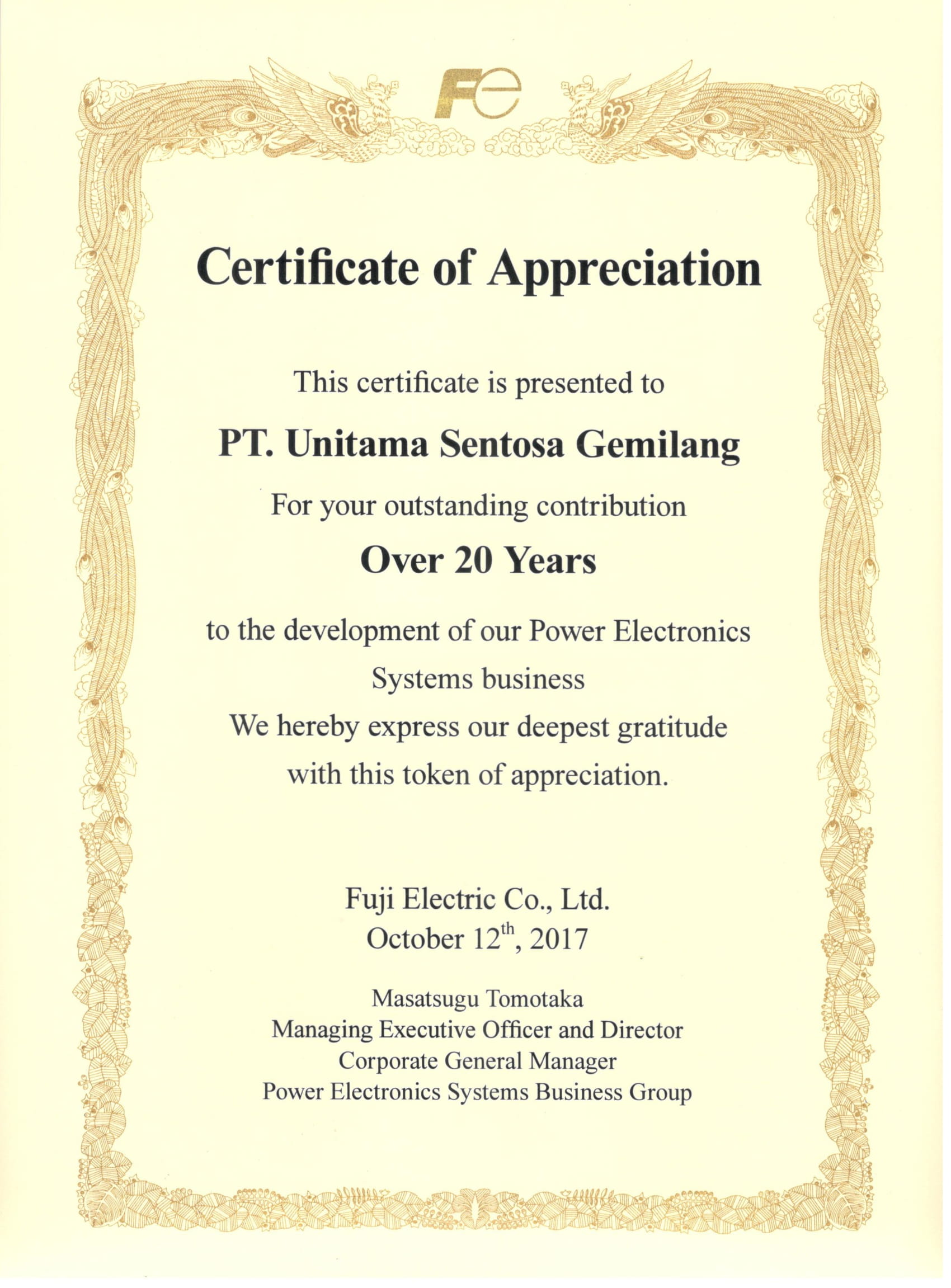 Fuji Electric Distributor Certificate 2017