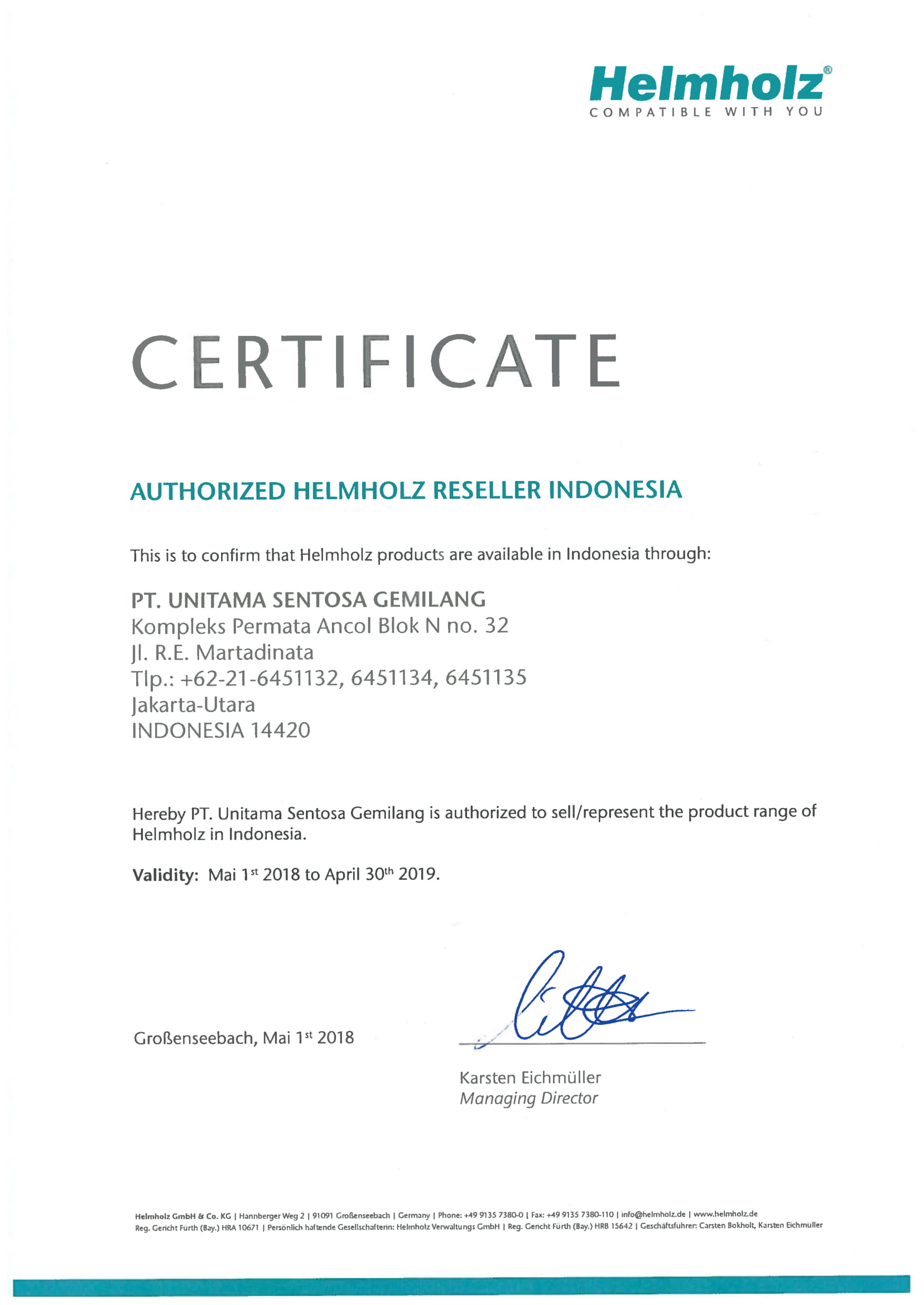 Helmholz Distributor Certificate